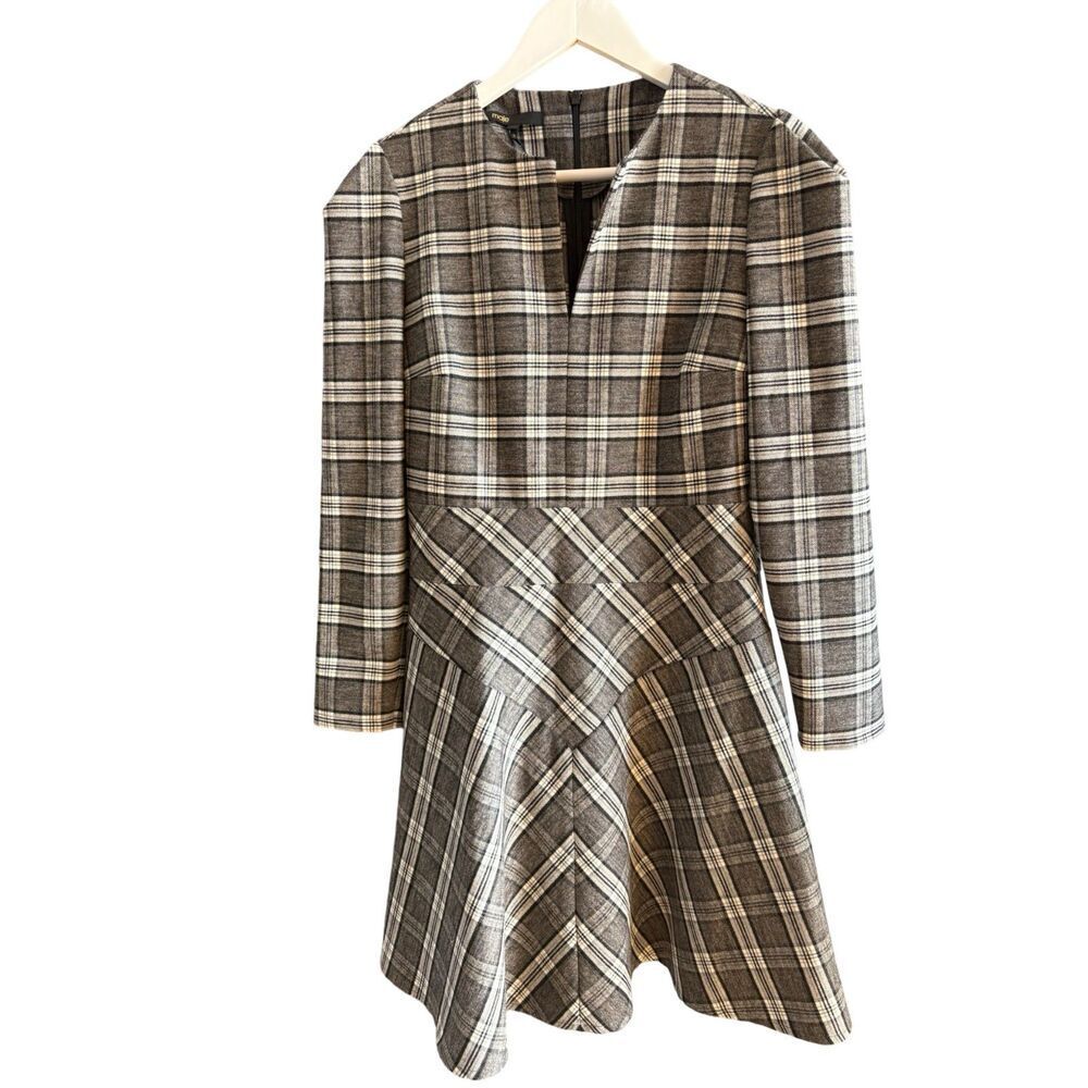 Maje Rity NWOT Brown Plaid Check Wool Blend Long Sleeve Mini Dress Sz 2 S